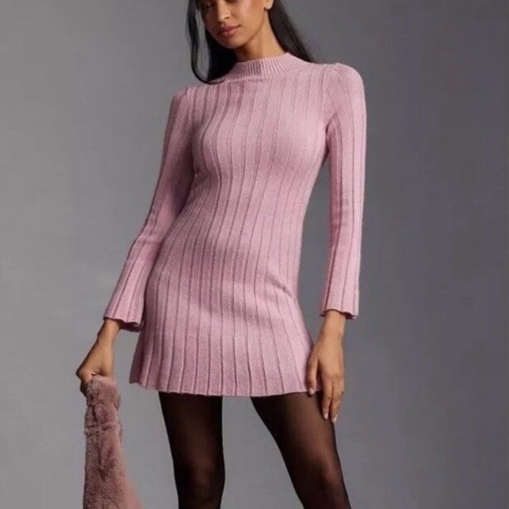 by Anthropologie Mock Neck A-Line Ribbed Sweater Mini Dress Pink Long Sleeve